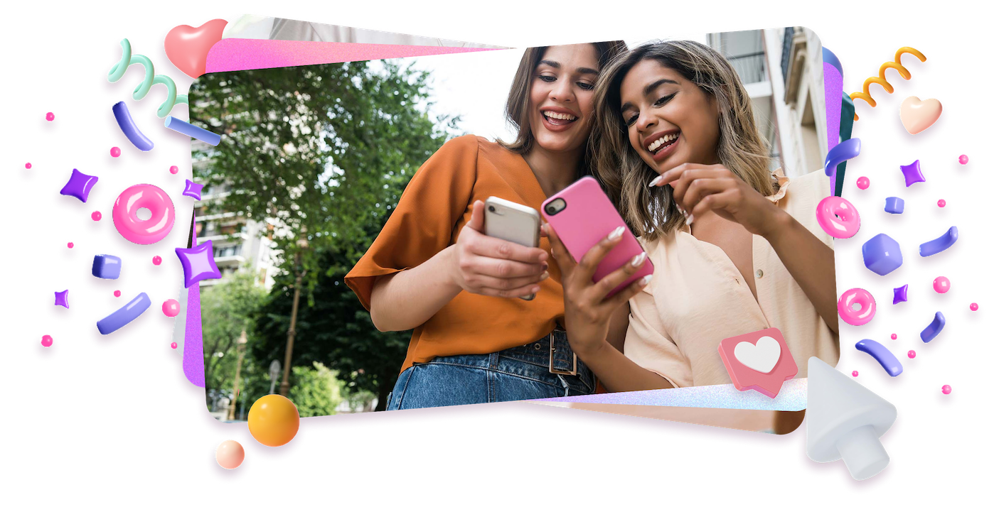 People smiling and looking at phones